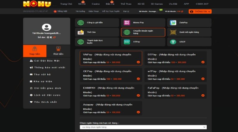 Nạp tiền Nohu qua ngân hàng điện tử